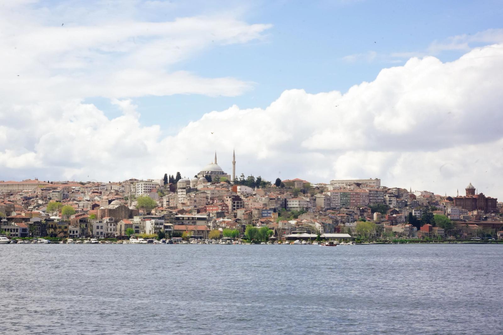 A beautiful panoramic view of Istanbul's skyline featuring a prominent mosque under a cloudy sky