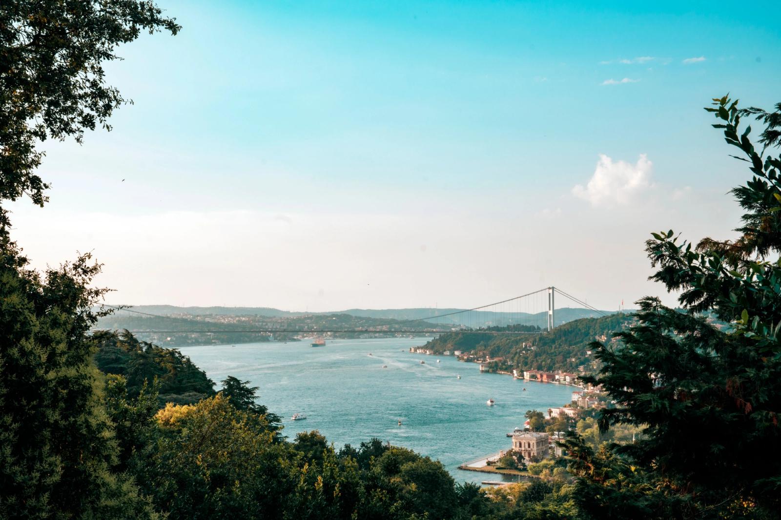 A picturesque view of the Bosphorus Bridge and river in Istanbul surrounded by lush greenery