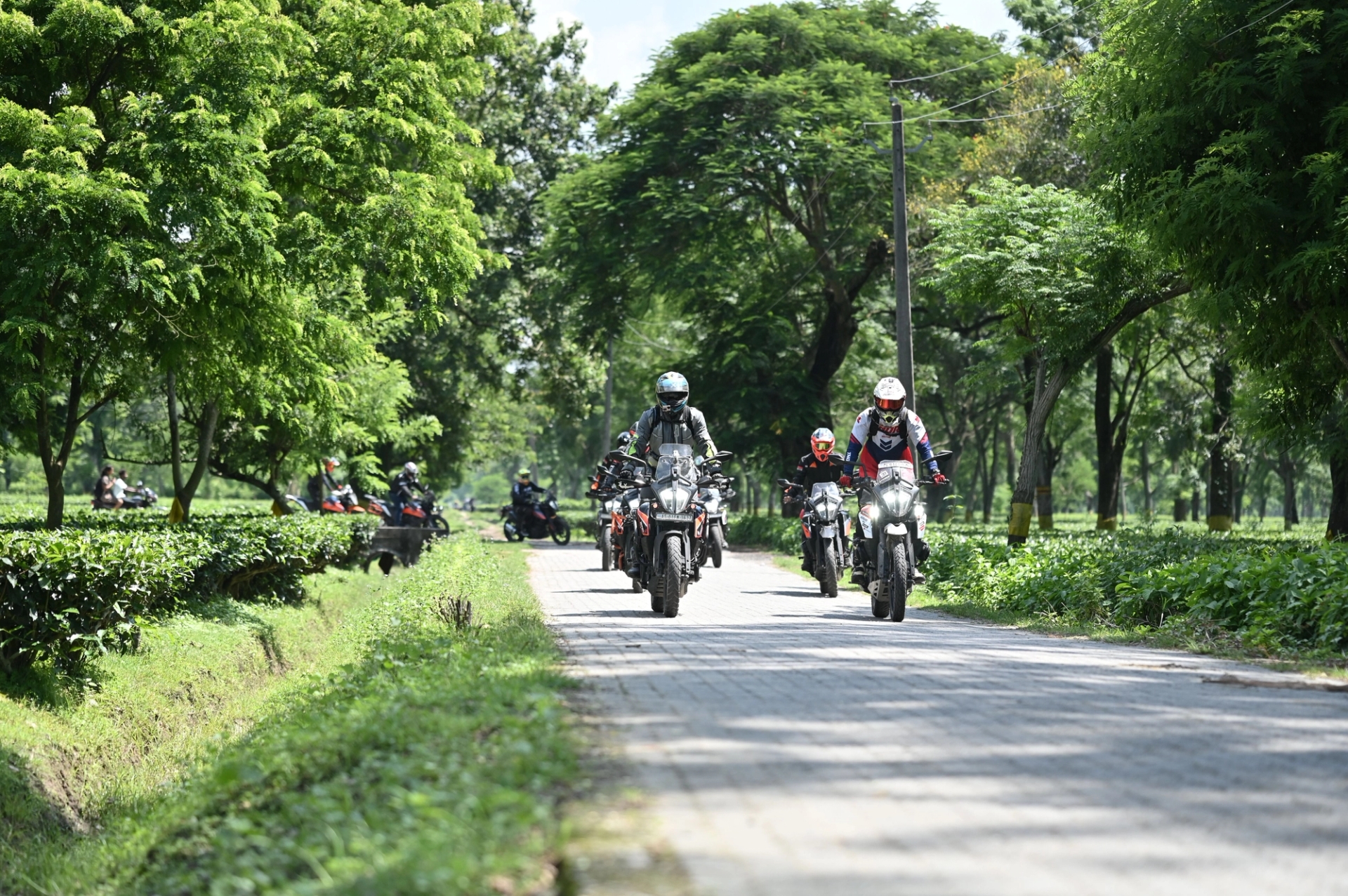 A group of motorcyclists enjoying a ride through a green pathway in Guwahati, India