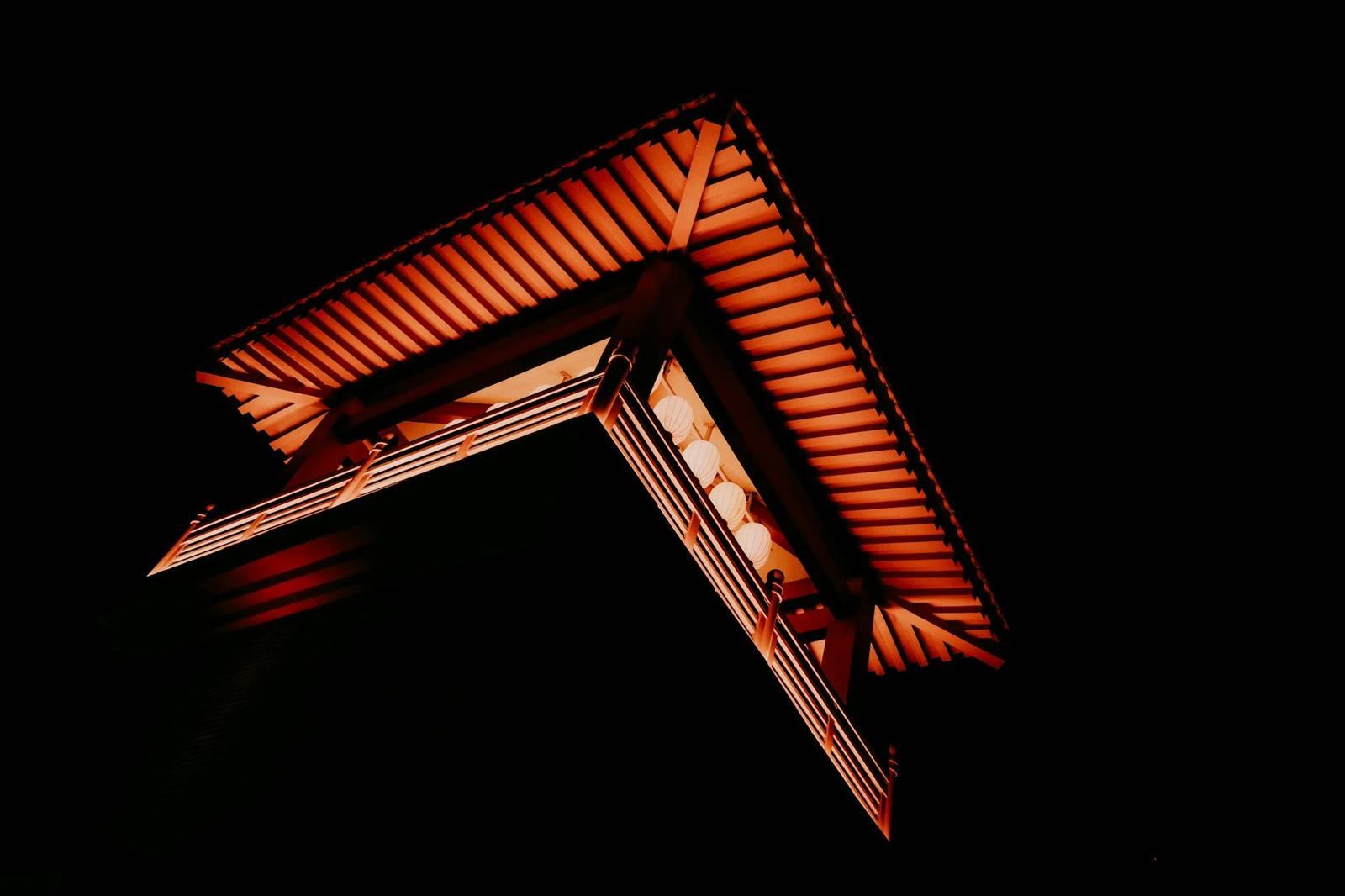 Looking up at the underside of a lantern-lit temple gate roof at night