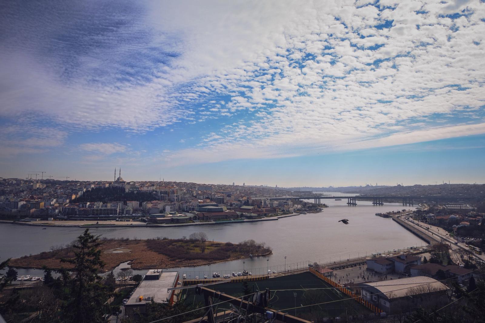 Stunning aerial view of Istanbul, featuring the Golden Horn and iconic skyline under a bright blue sky