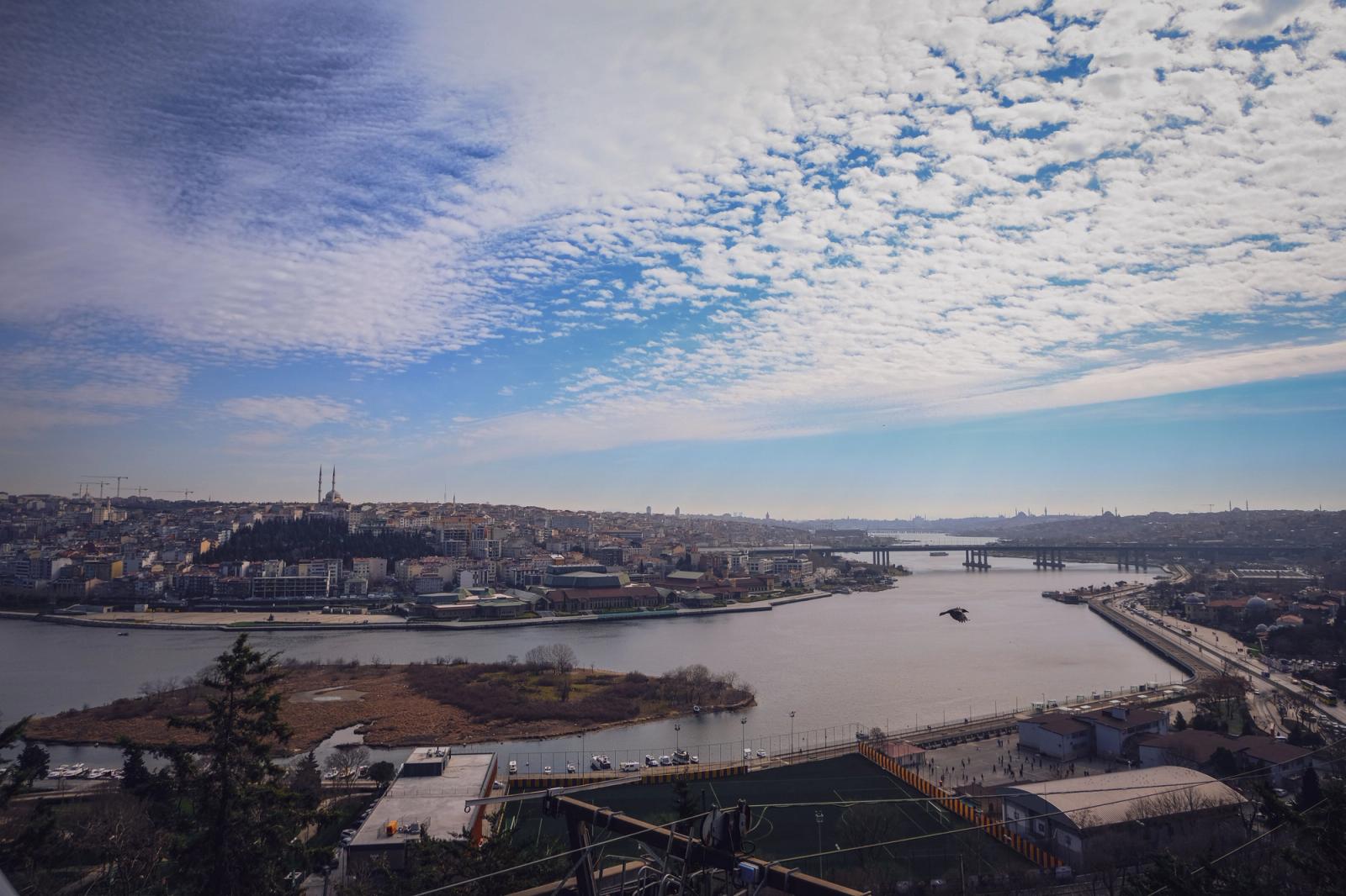 Stunning aerial view of Istanbul, featuring the Golden Horn and iconic skyline under a bright blue sky