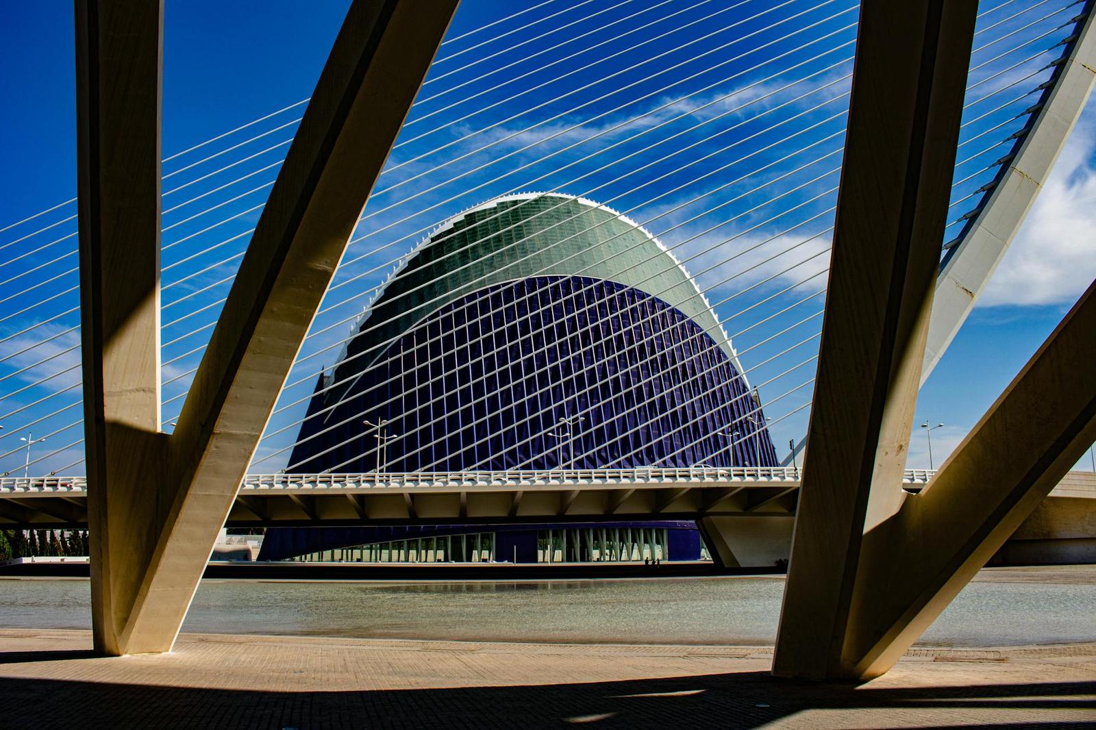 A curved glass-and-steel building framed by angled white bridge beams
