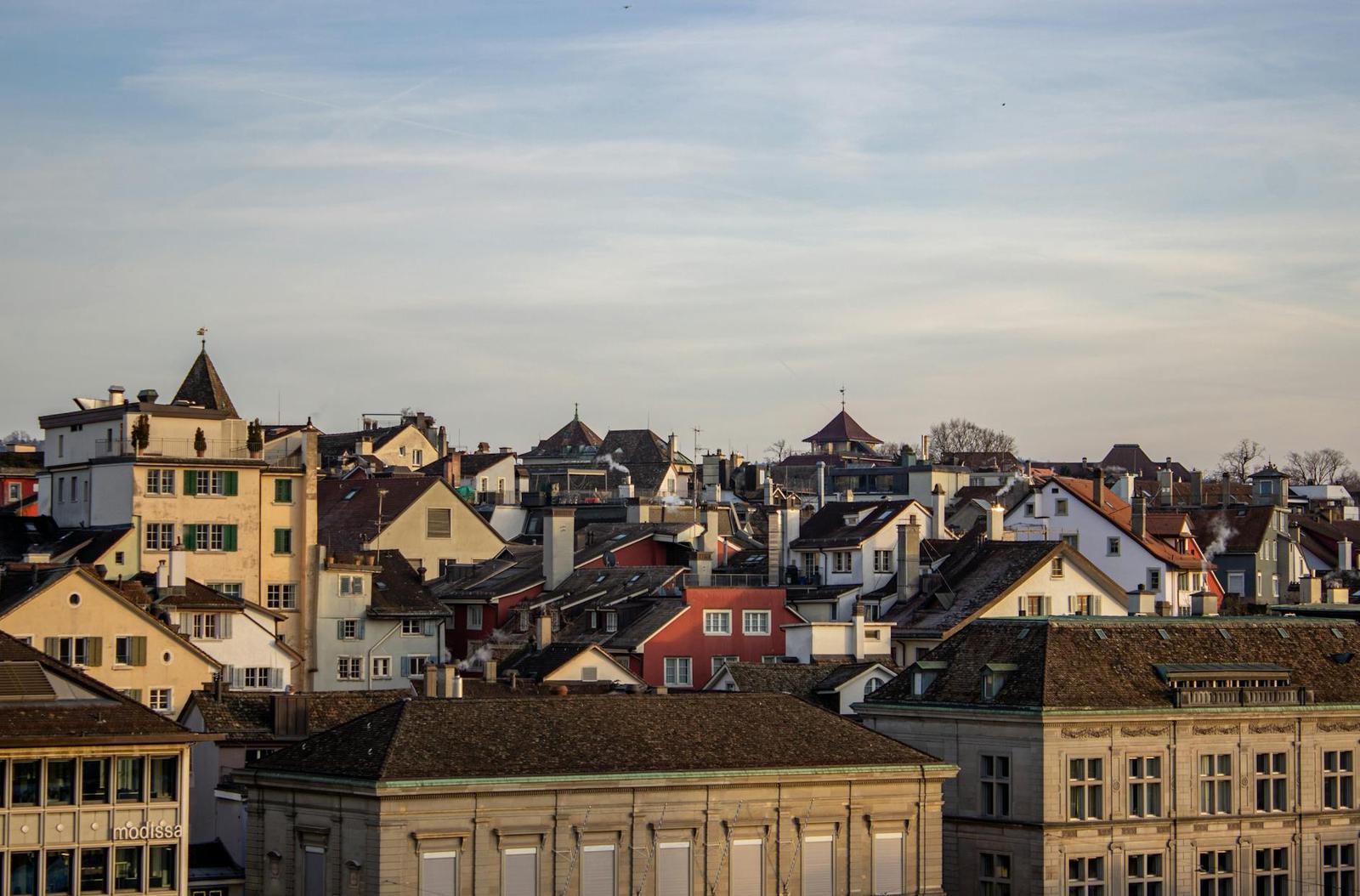 Rooftops and church steeples of an old town under a pale sky