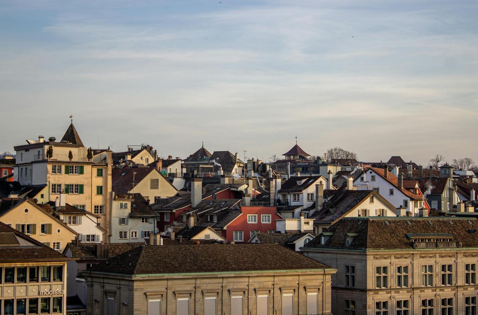 Rooftops and church steeples of an old town under a pale sky