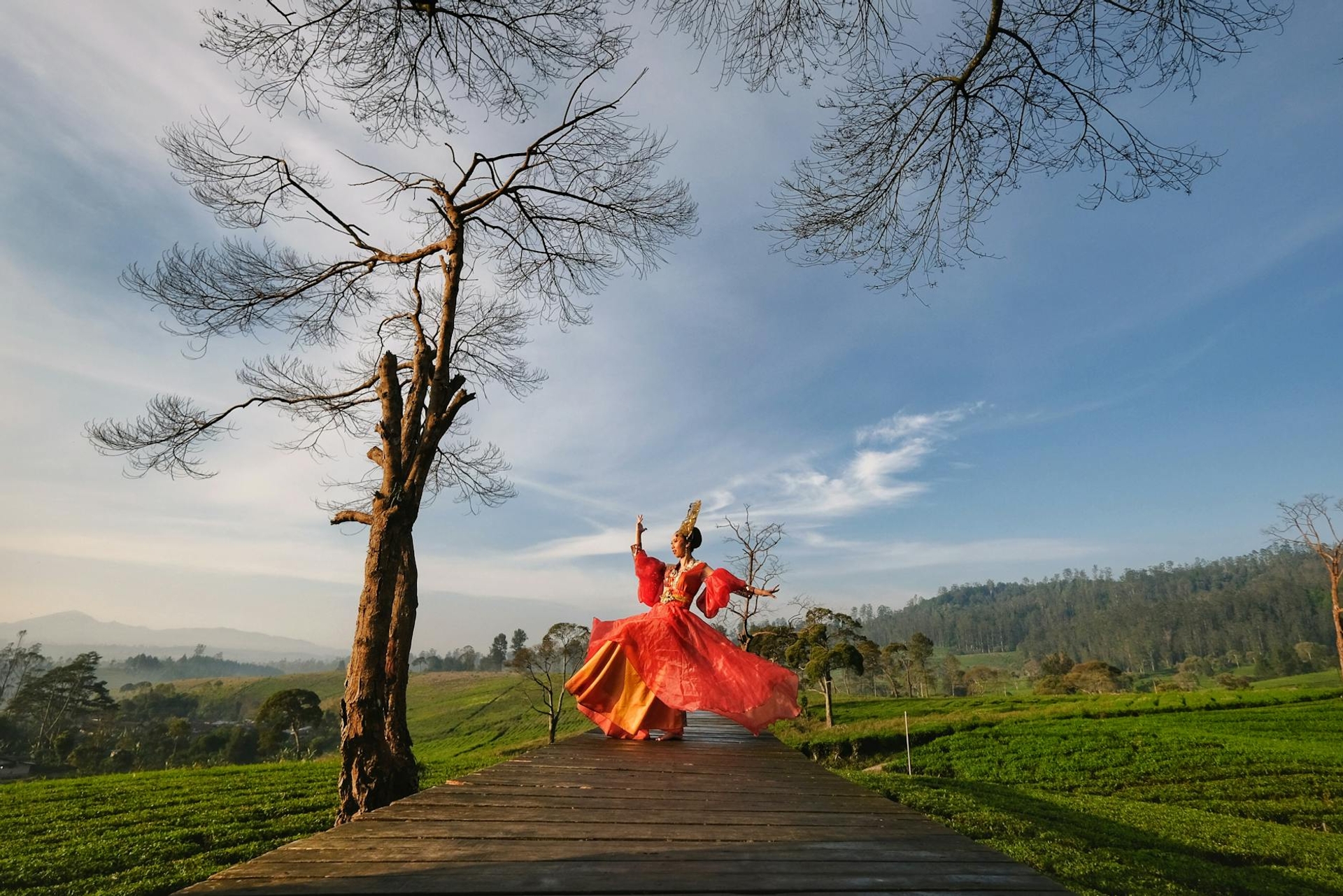 A dancer in a flowing red costume spinning along a wooden walkway through tea fields