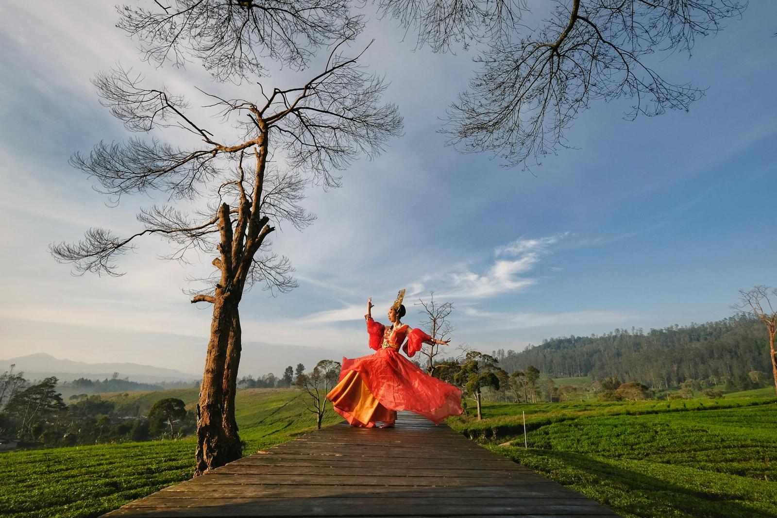 A dancer in a flowing red costume spinning along a wooden walkway through tea fields