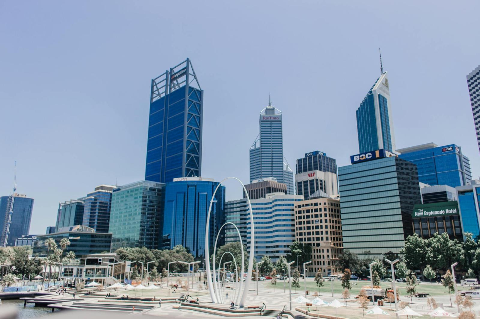 Vibrant skyline of Perth featuring iconic skyscrapers under a clear blue sky