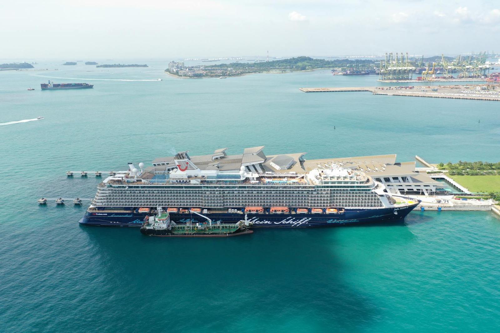 Aerial view of a large cruise ship docked beside a busy harbour
