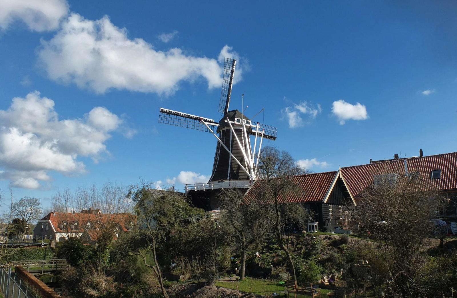A scenic view of a traditional windmill in Hattem, Gelderland on a sunny day