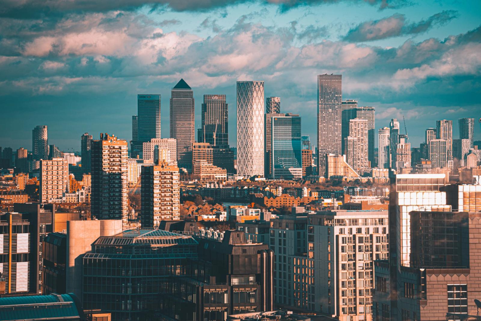 Gorgeous view of London's modern skyline with iconic Canary Wharf skyscrapers