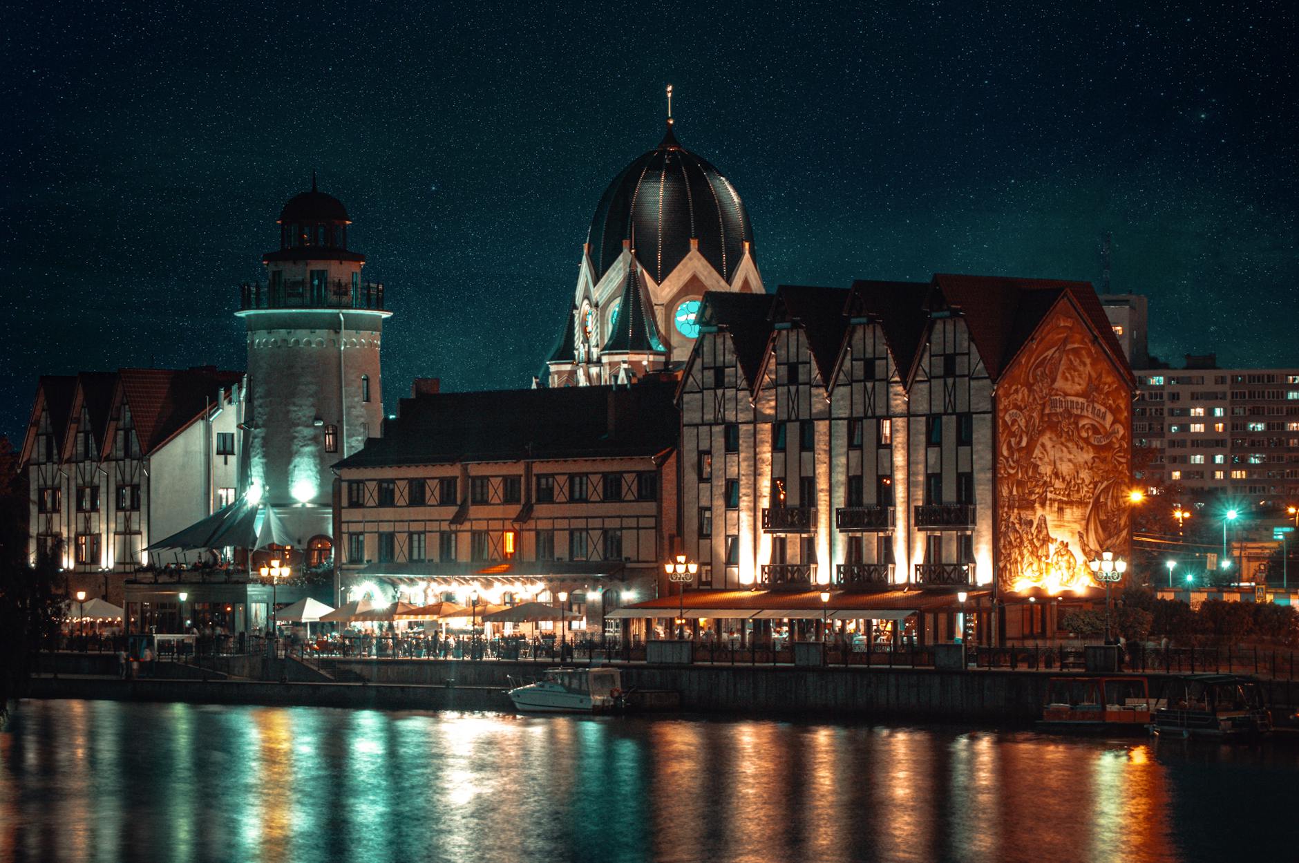 Town architecture at night