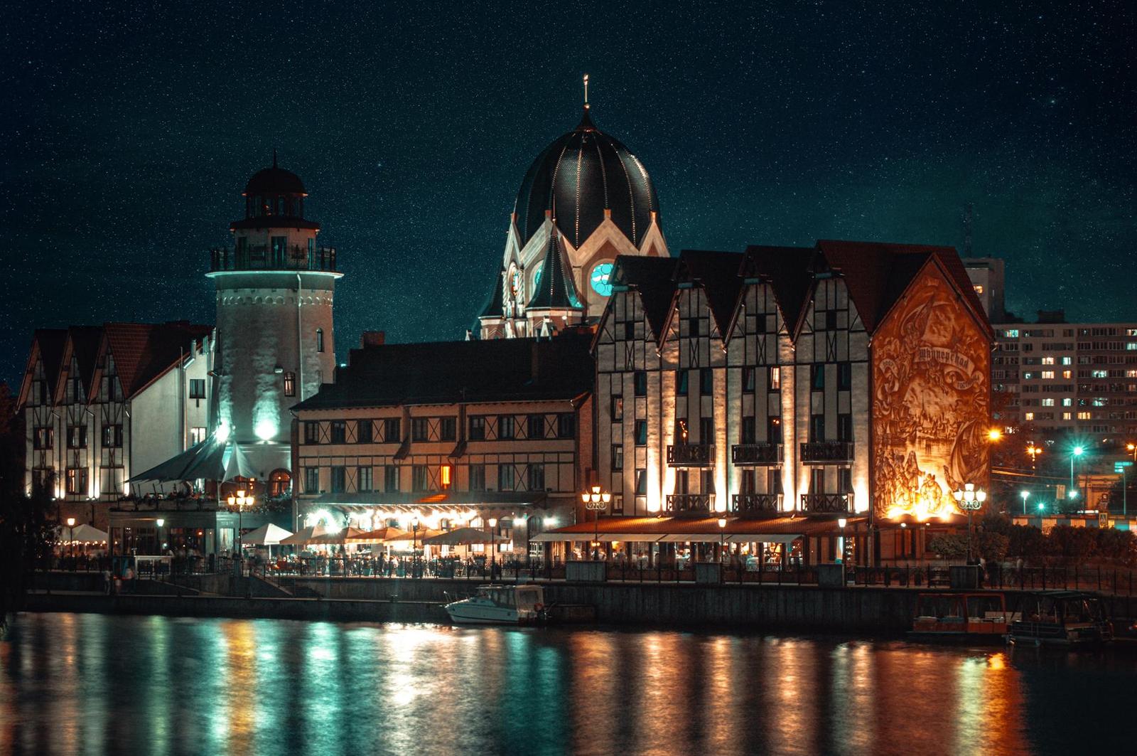 Town architecture at night
