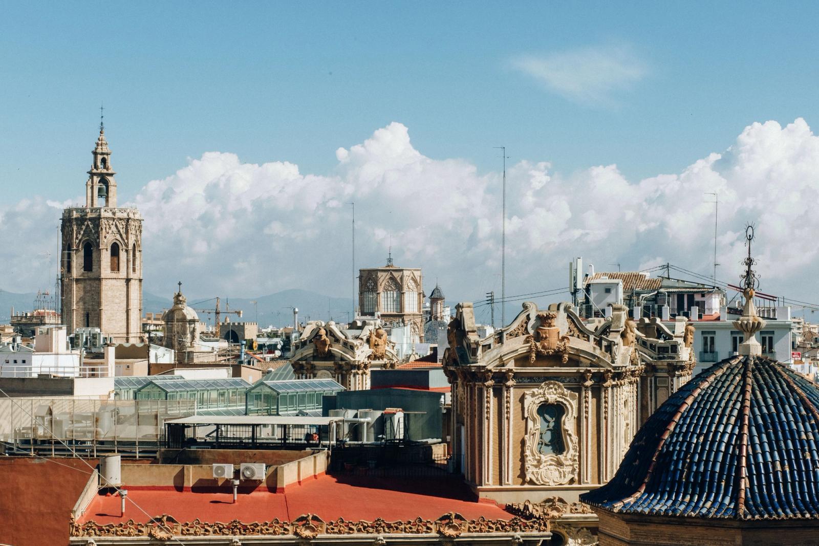 Skyline of Valencia with historic architecture and towers under a bright sky