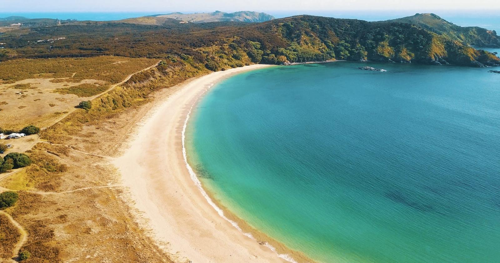 Aerial view of a curved sandy beach meeting turquoise coastal water