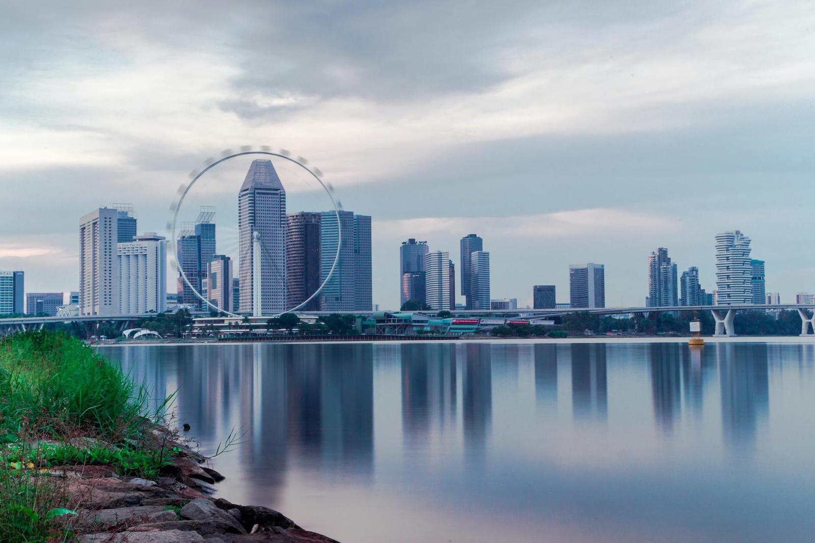 A city skyline framed by a giant observation wheel under overcast skies