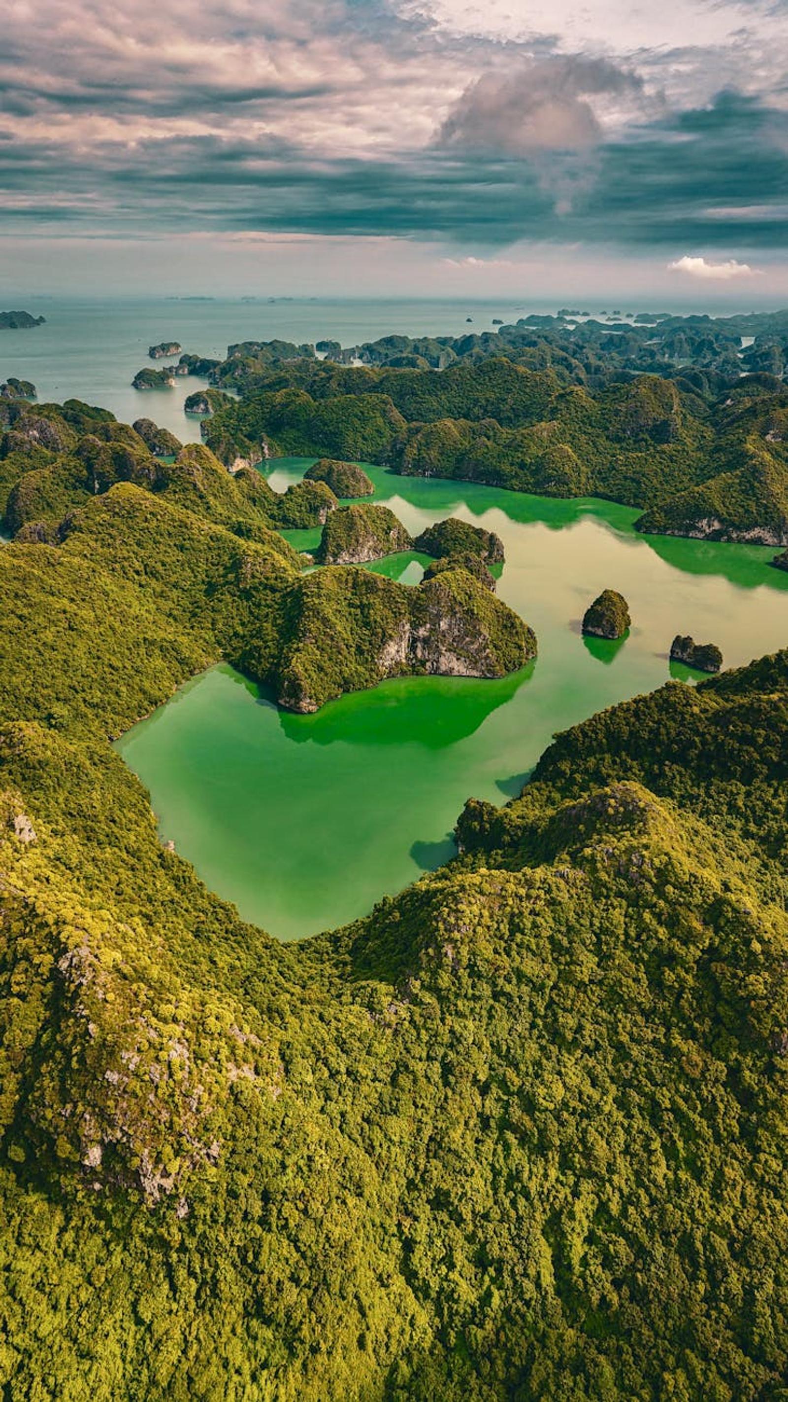 Aerial view of jade lagoons nestled among forested karst islets