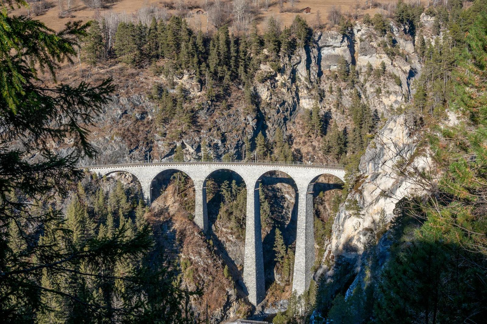 Stone railway viaduct arching across a forested gorge