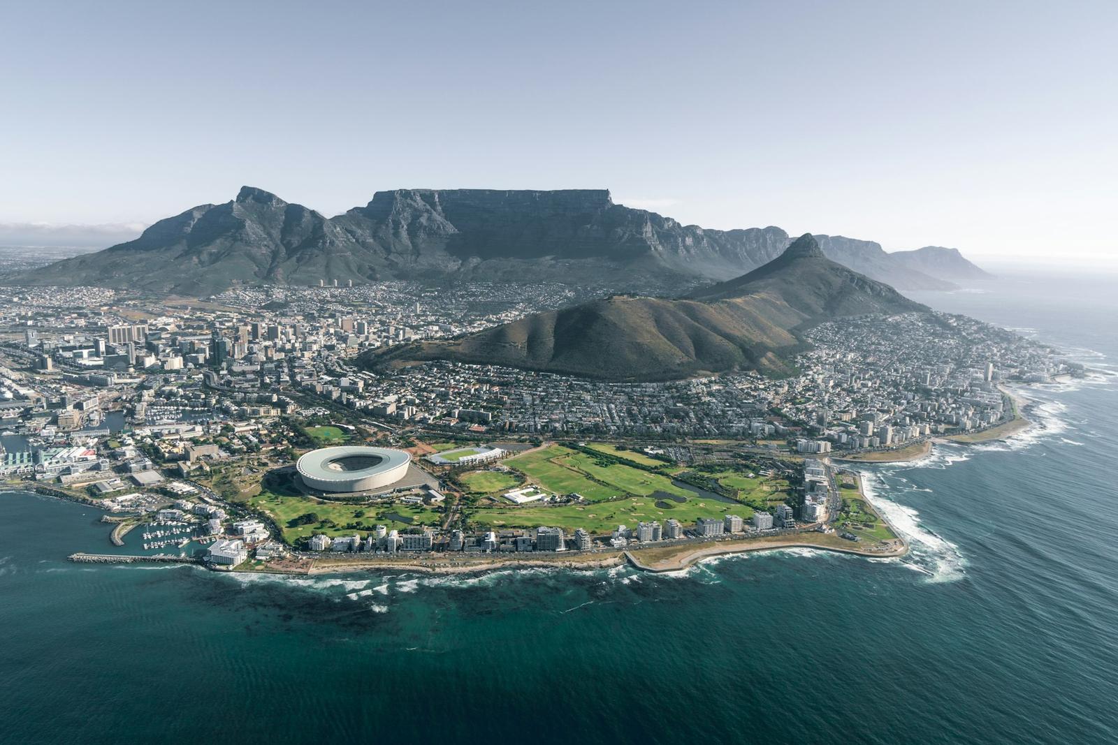 Table Mountain rising above Cape Town and the Atlantic coastline