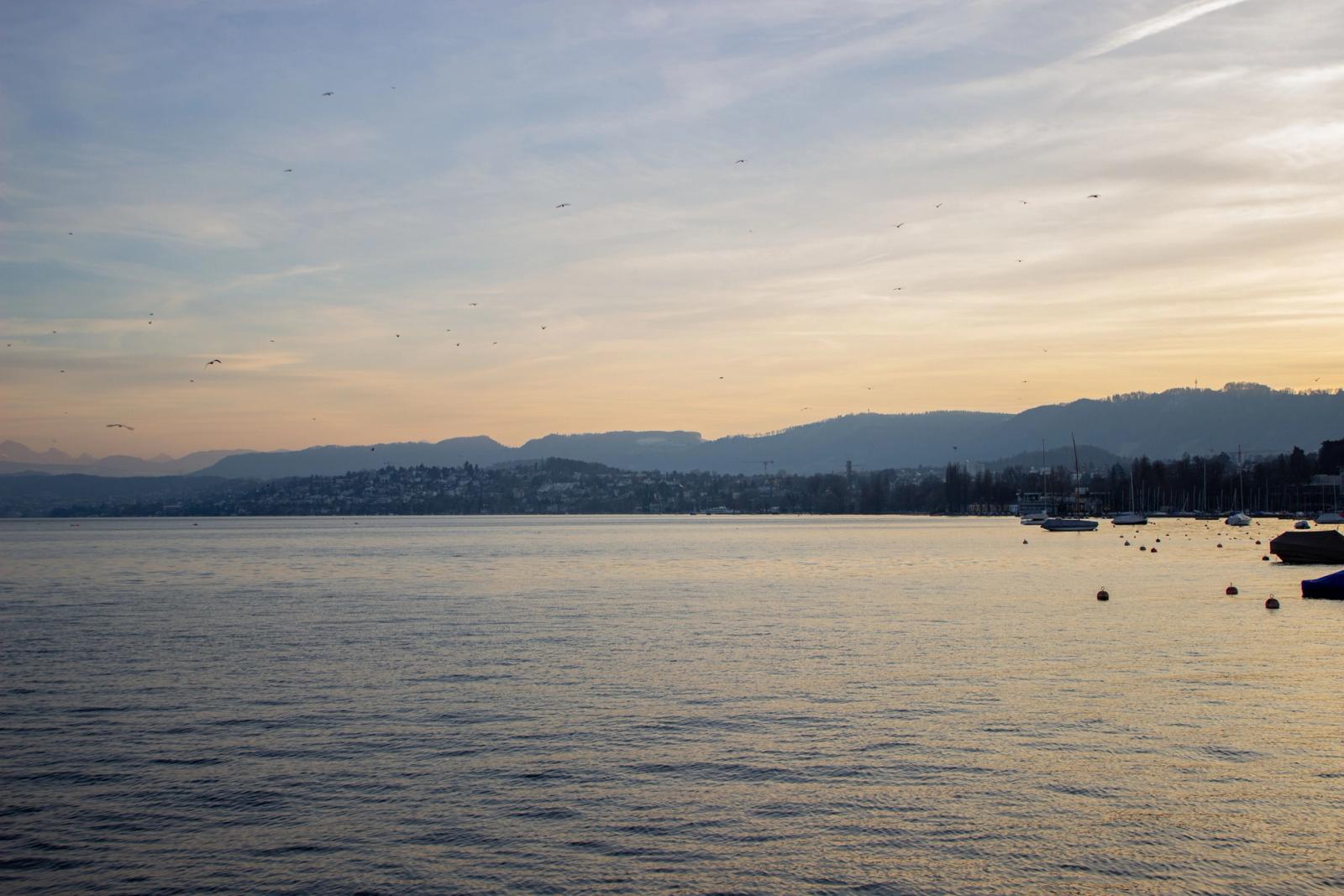 Peaceful evening view of Lake Zurich at sunset with distant hills and scattered boats