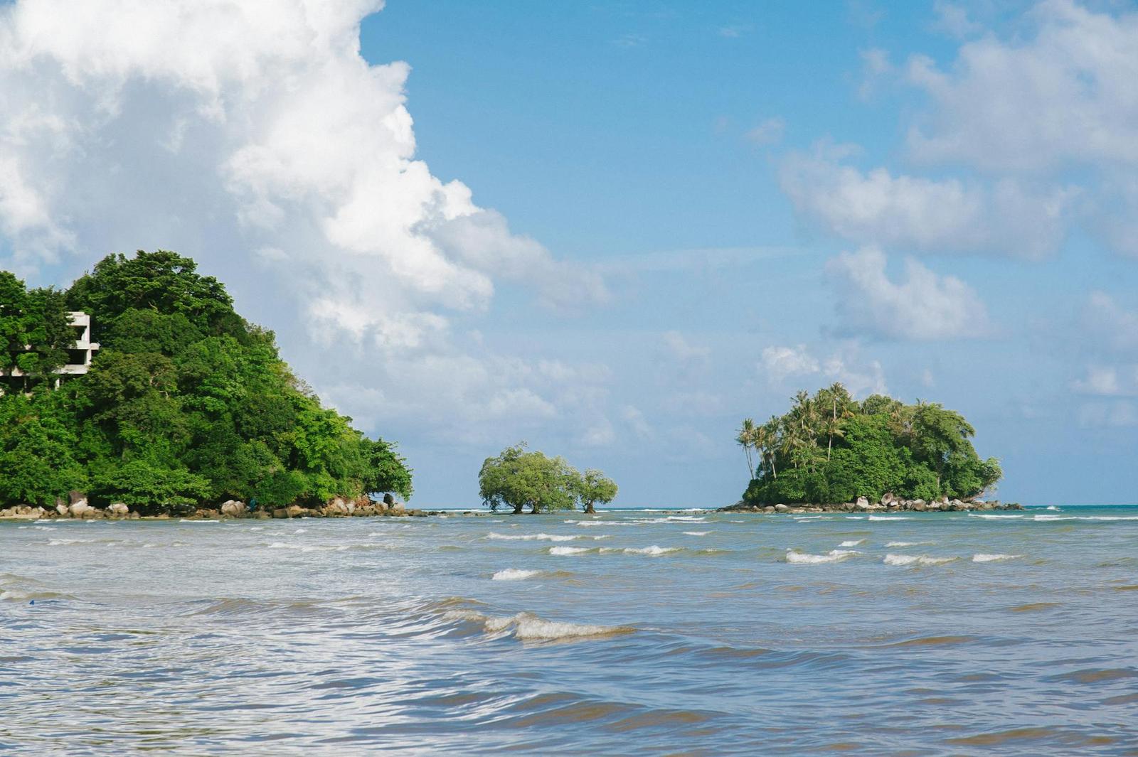 Small wooded islets rising from shallow surf near a tree-lined shore