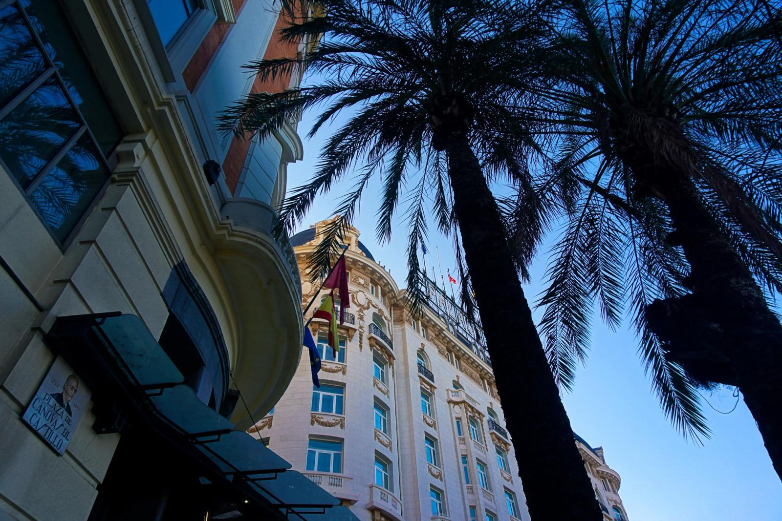 View of neoclassical building and palm trees in Madrid, evoking urban elegance and a sunny atmosphere