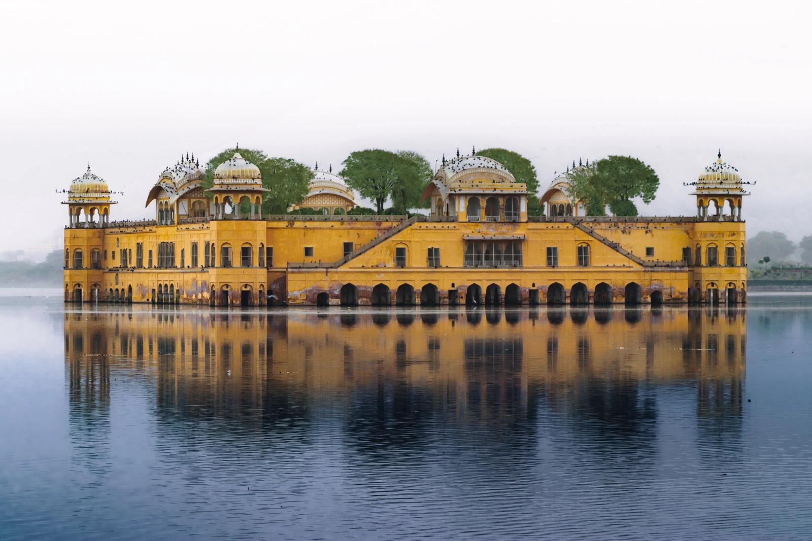 Stunning view of Jal Mahal palace reflecting on Man Sagar Lake in Jaipur, India