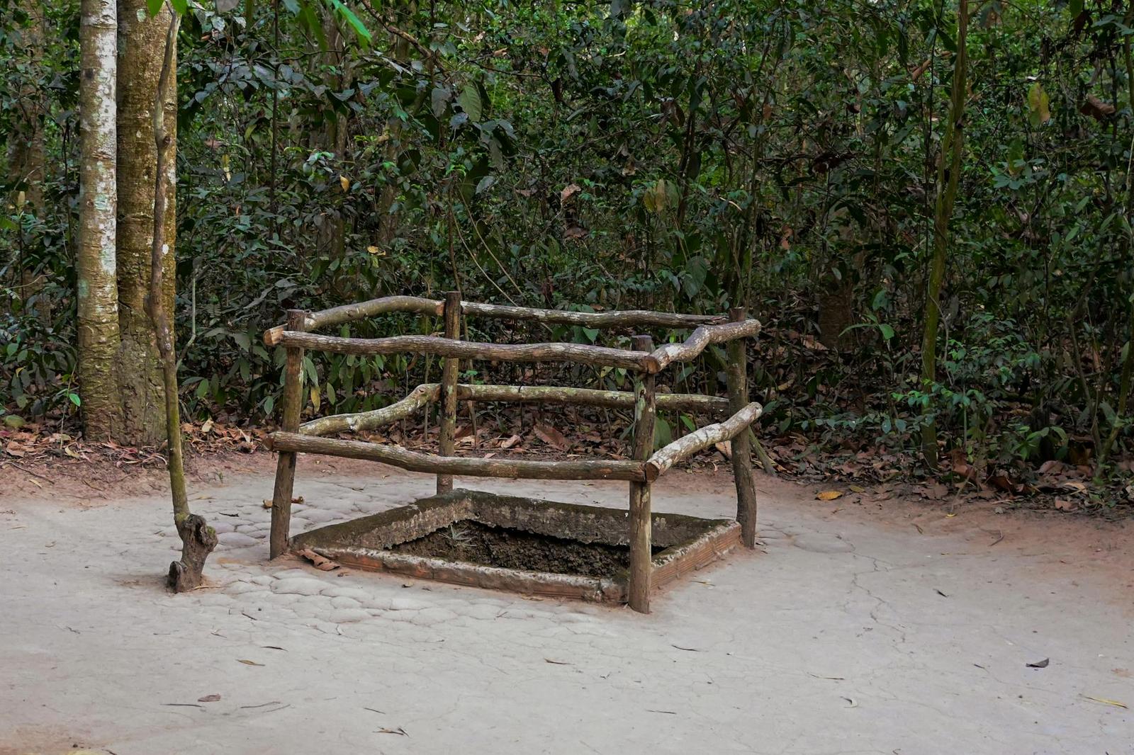 A small wooden trapdoor frame set into sandy ground amid dense forest, a museum exhibit