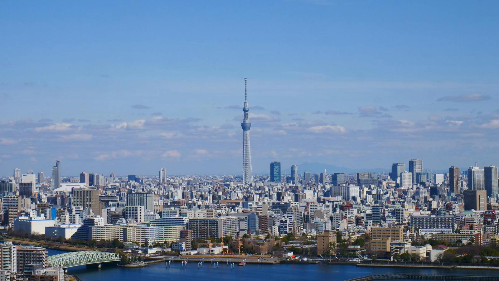 Aerial view of Tokyo skyline, featuring the iconic Tokyo Skytree under a clear blue sky