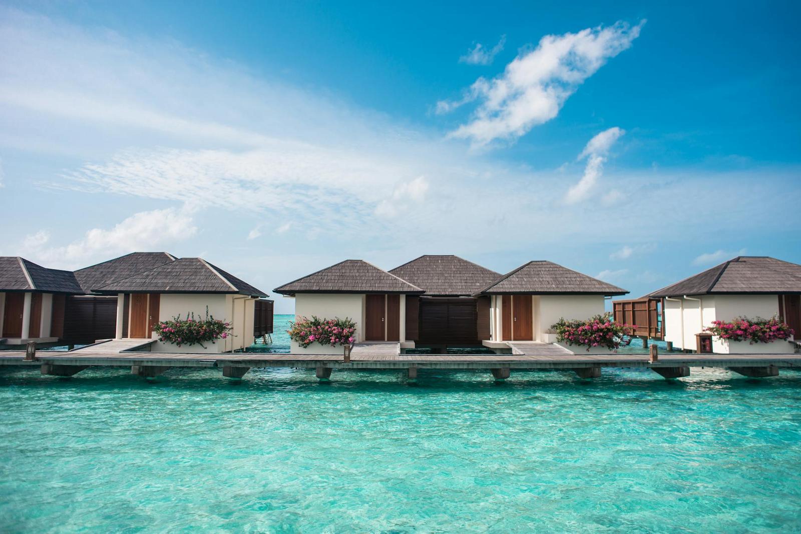A row of overwater villas connected by a wooden walkway above clear water