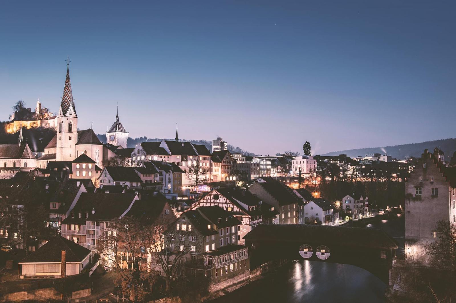 Beautiful twilight cityscape of Baden, Switzerland with historic architecture and skyline