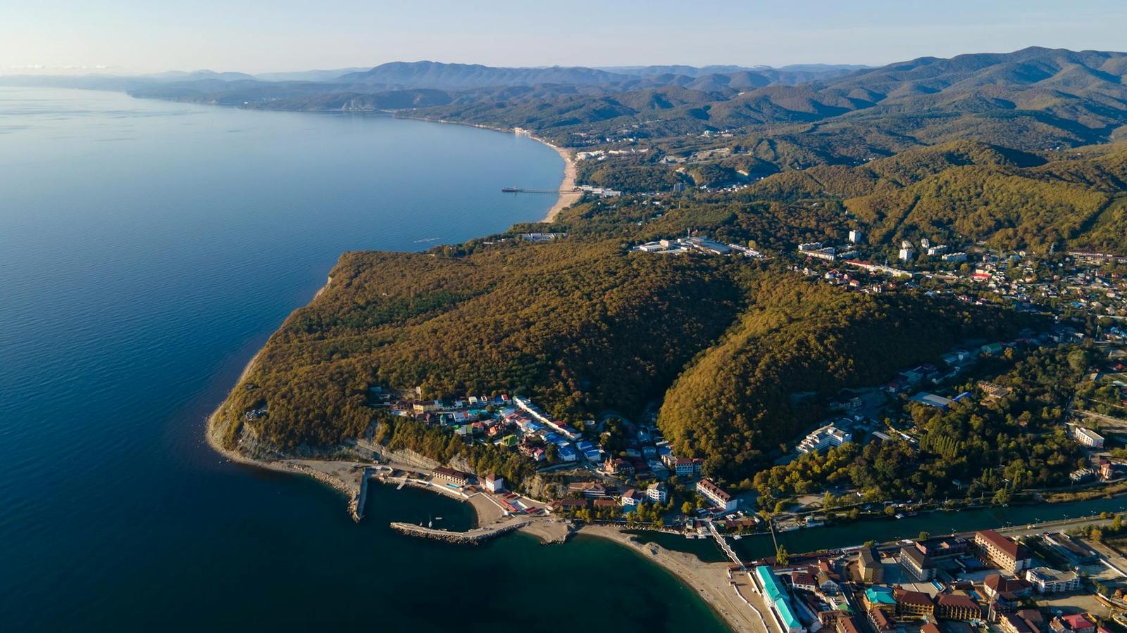 Aerial view of a forested coastline curving toward a distant resort town
