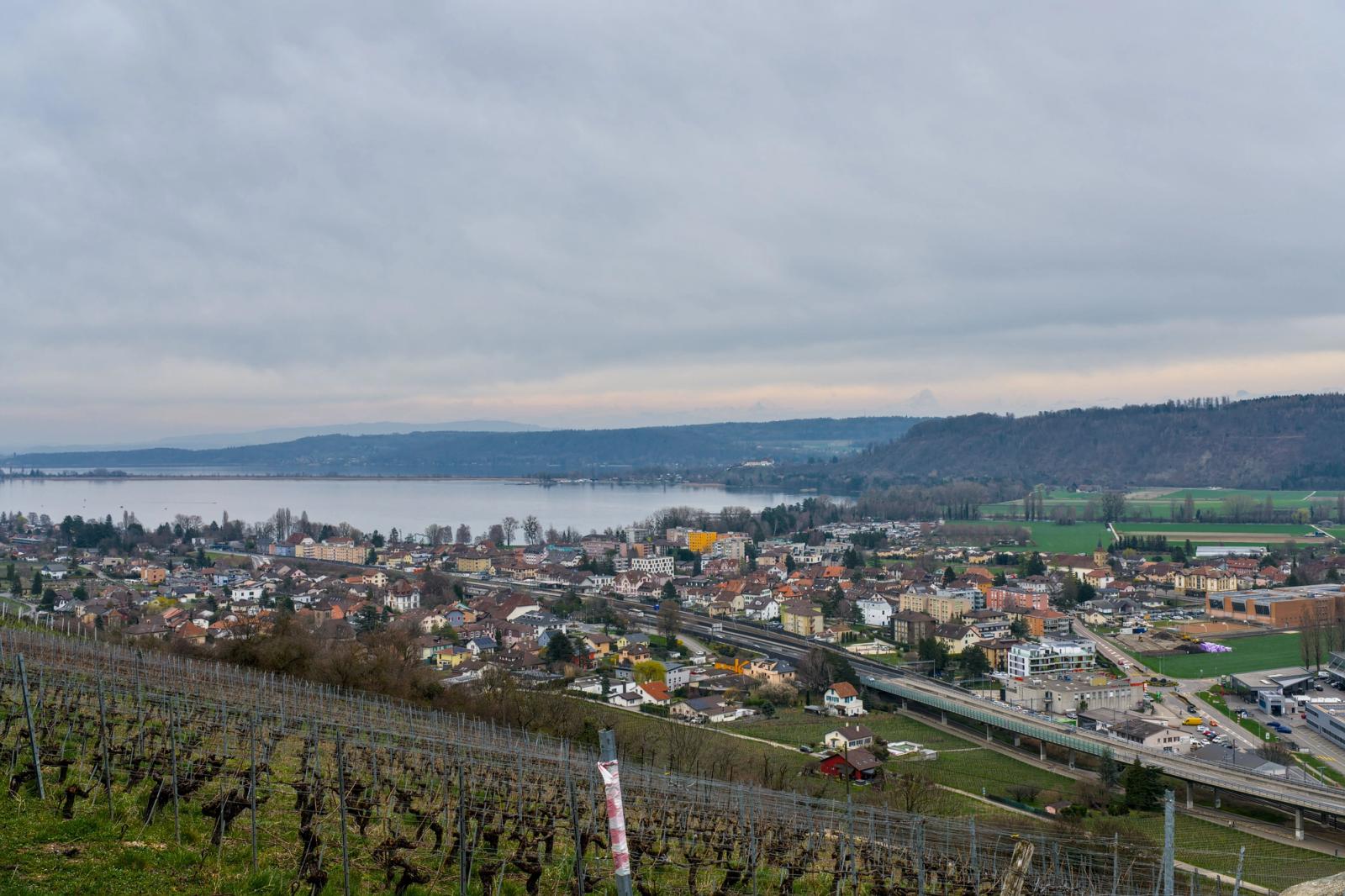 Panoramic view of Nidau, Switzerland, overlooking Lake Biel and surrounding hills
