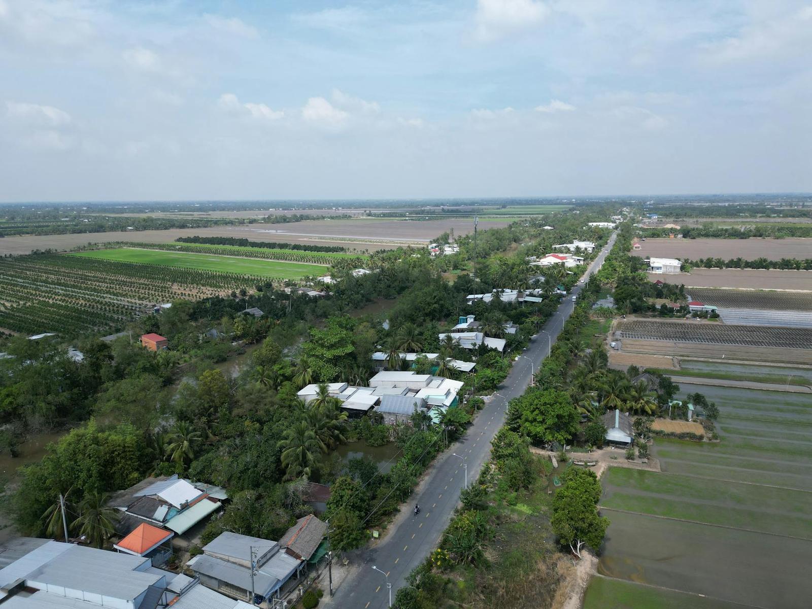 Aerial view of a straight road running through green farmland