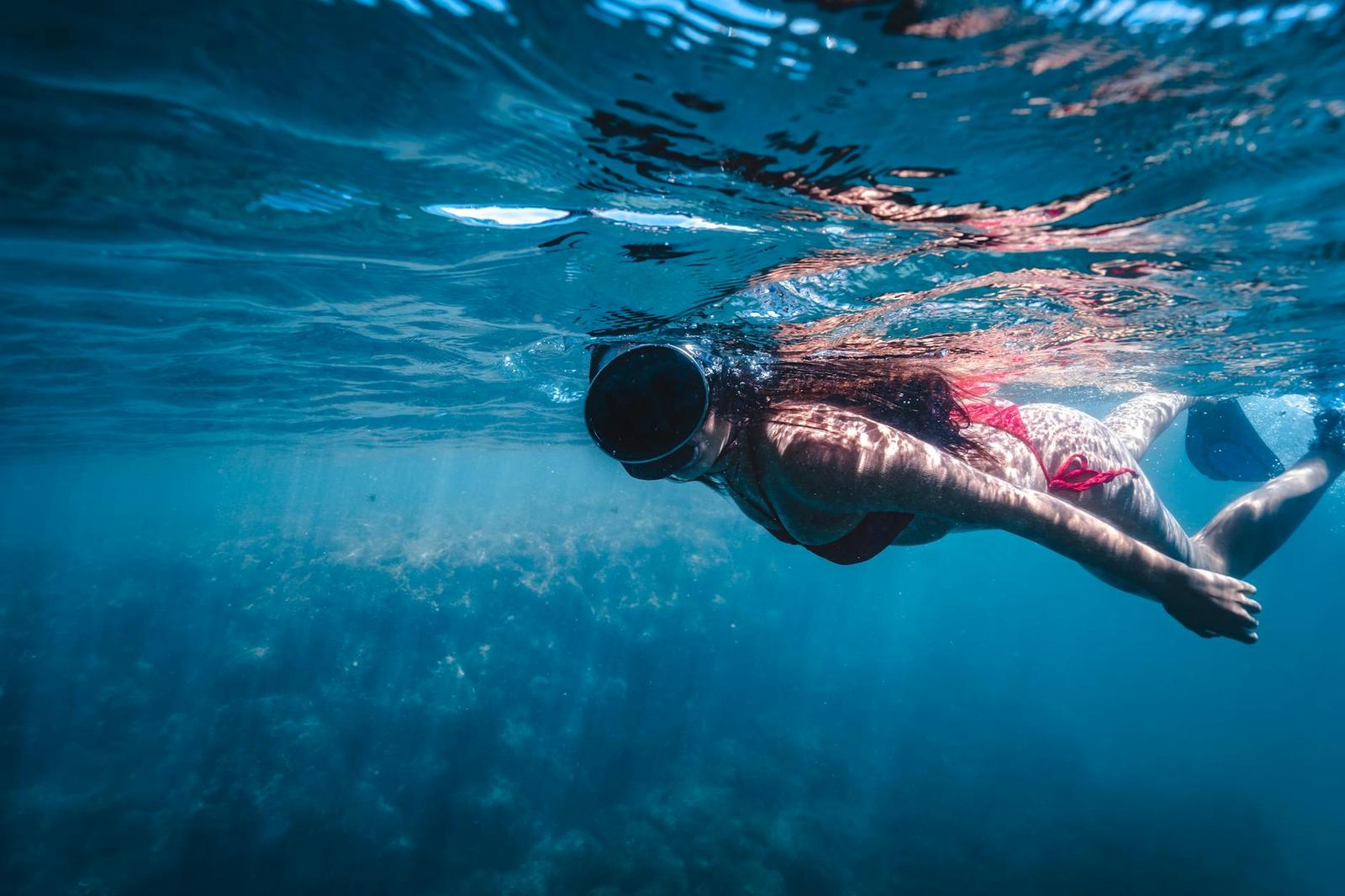 An underwater view of a snorkeler swimming near a reef with light rays