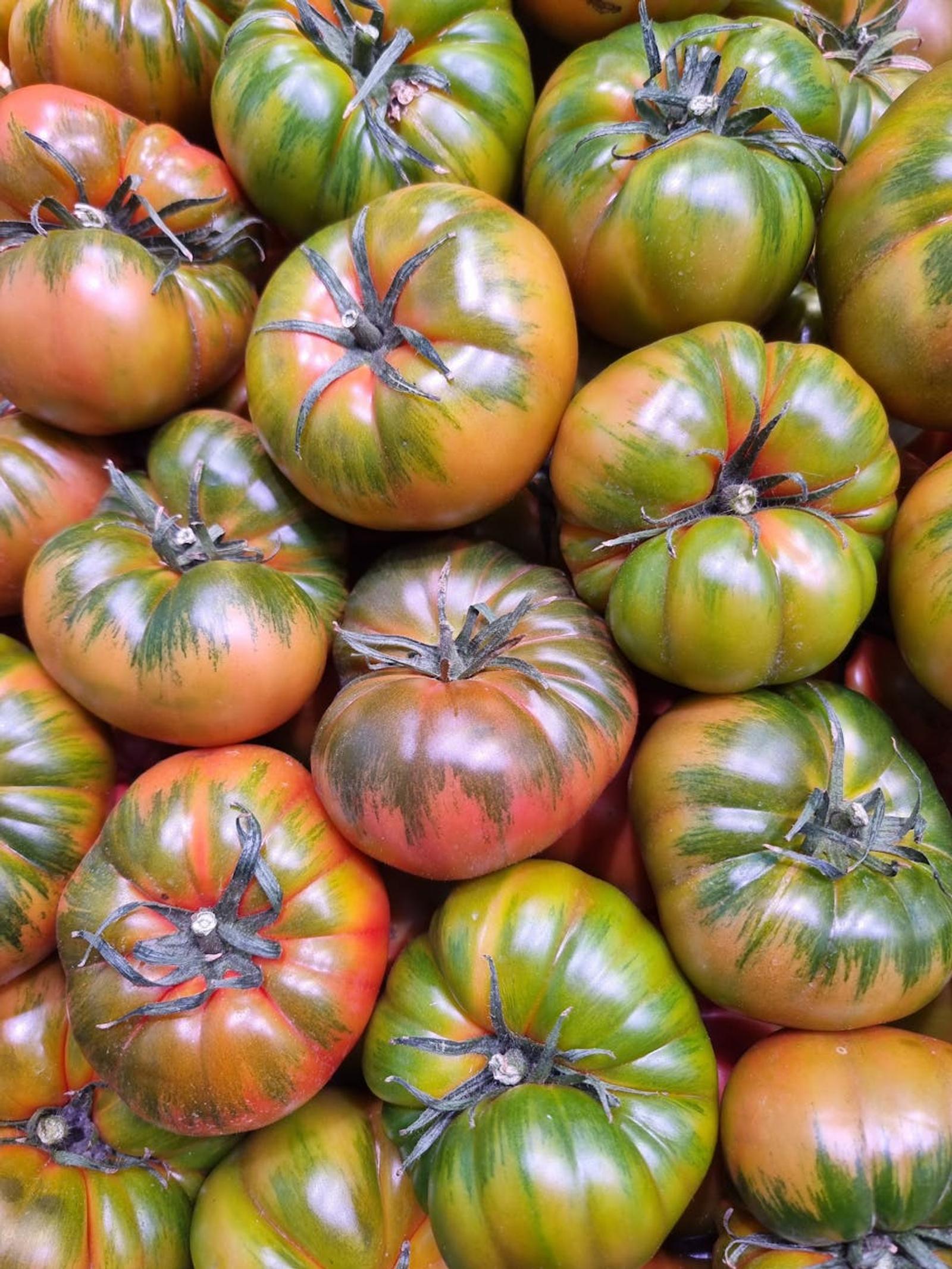 Cluster of ripe green and red heirloom tomatoes stacked together