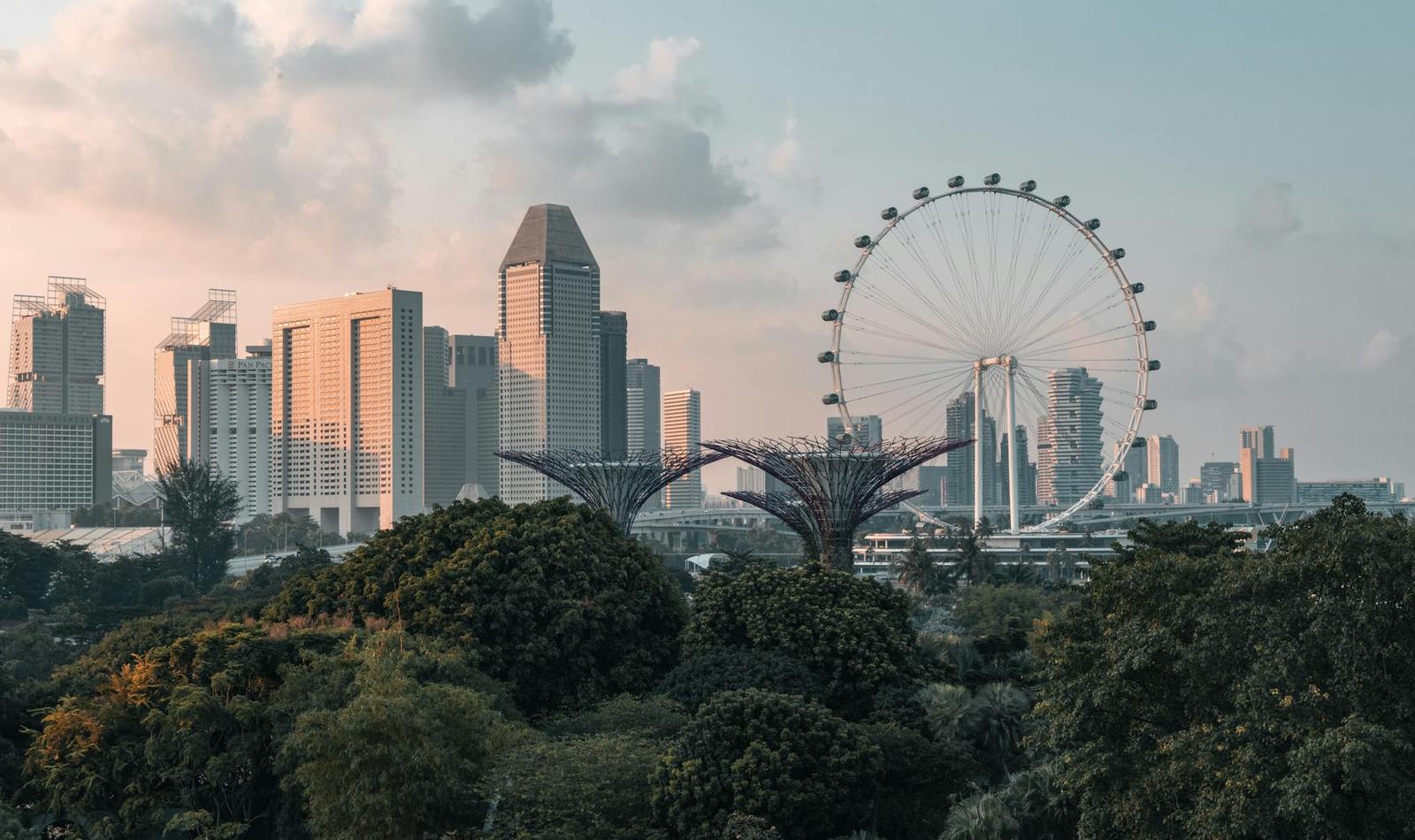 Gorgeous view of the Singapore skyline featuring the iconic Singapore Flyer at sunset