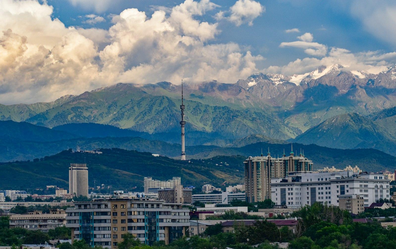 Almaty city skyline beneath the Tien Shan mountains, Kazakhstan
