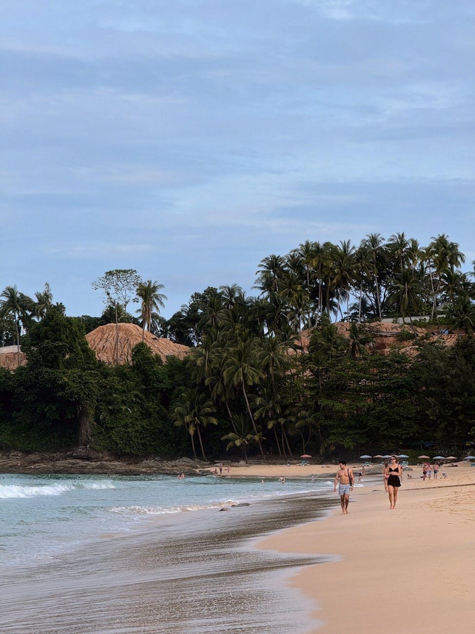 Two people walking a tropical beach lined with palms at dusk