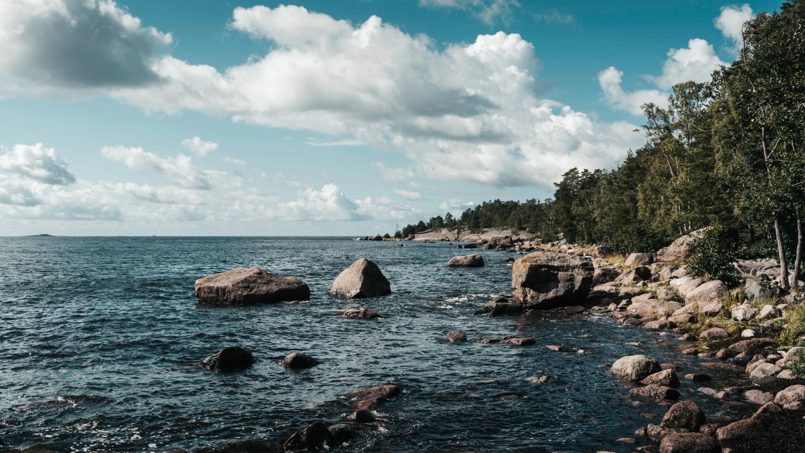 Explore the serene rocky shoreline of a Finnish coastline under a bright blue sky