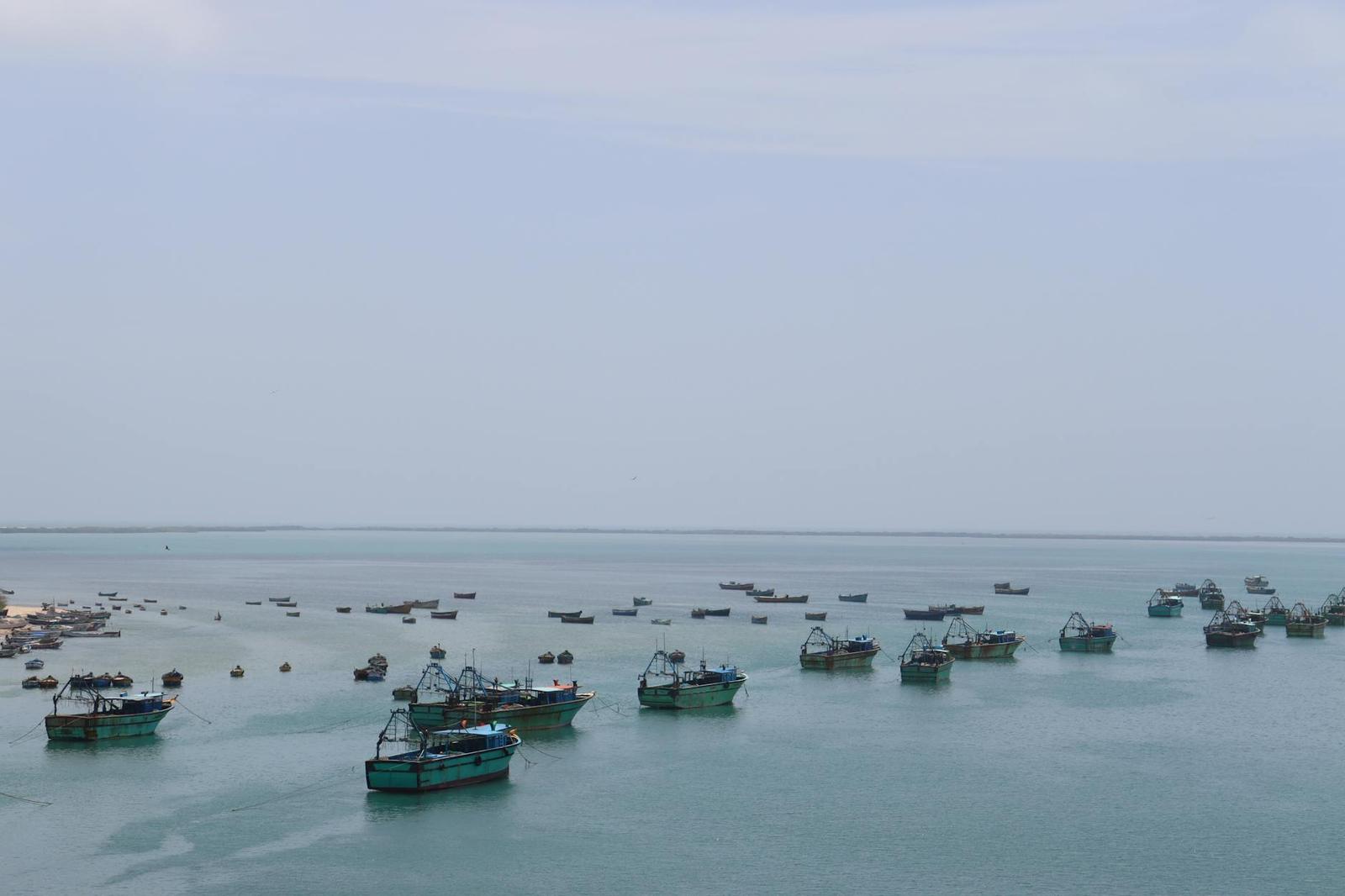 Fishing boats anchored in a calm harbour under a hazy sky