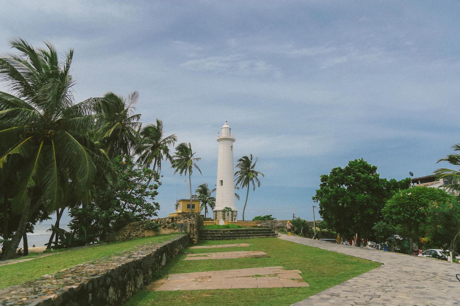 White lighthouse rising above palm trees on a coastal rampart
