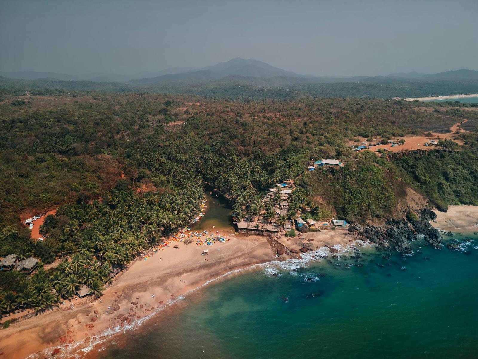 Aerial view of a forested coastal cove with a sandy beach