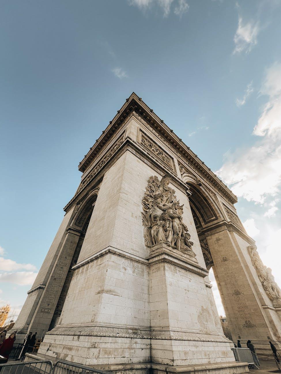 Low angle view of the iconic Arc de Triomphe in Paris