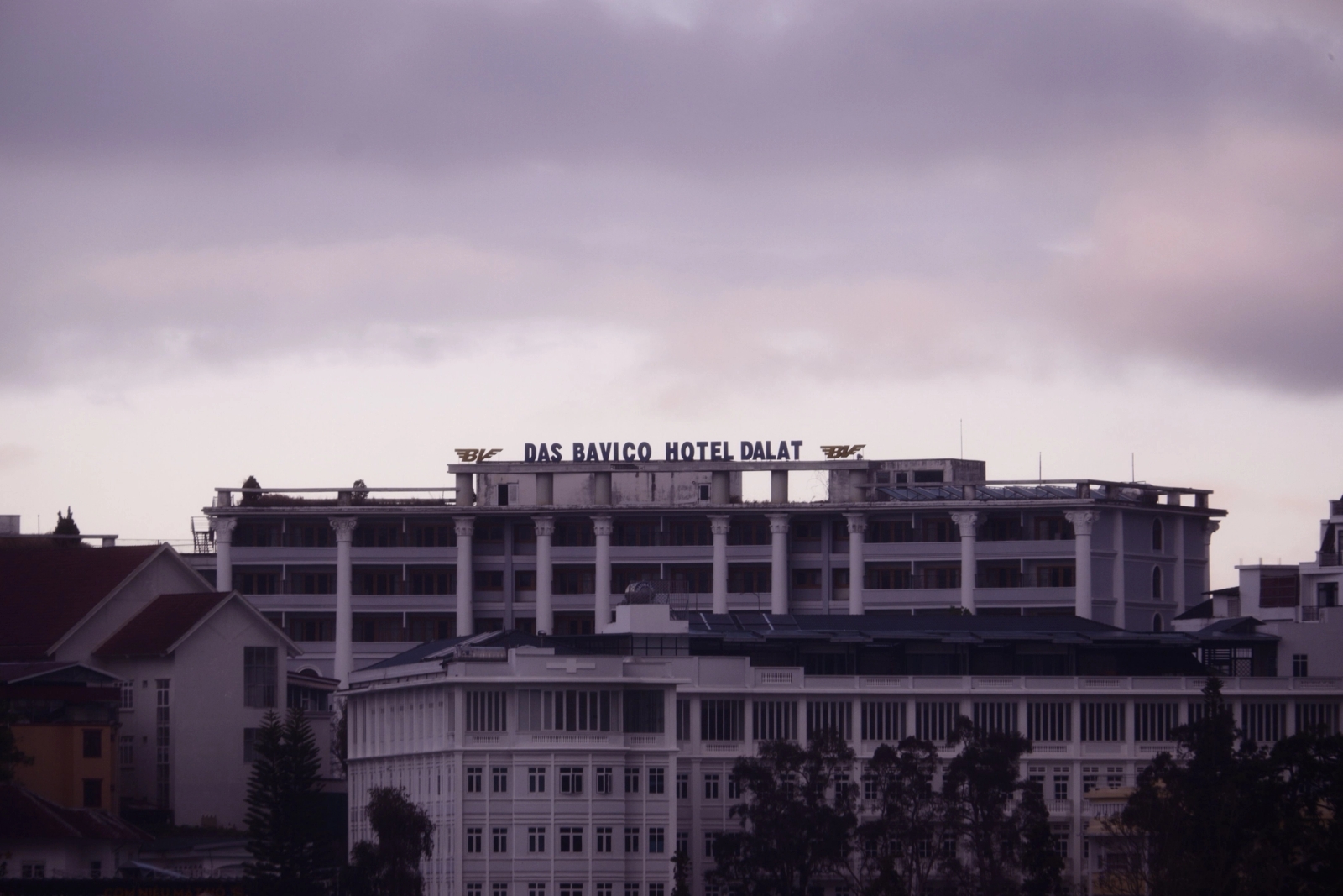 Dramatic view of Das Bavico Hotel in Dalat, Vietnam during twilight