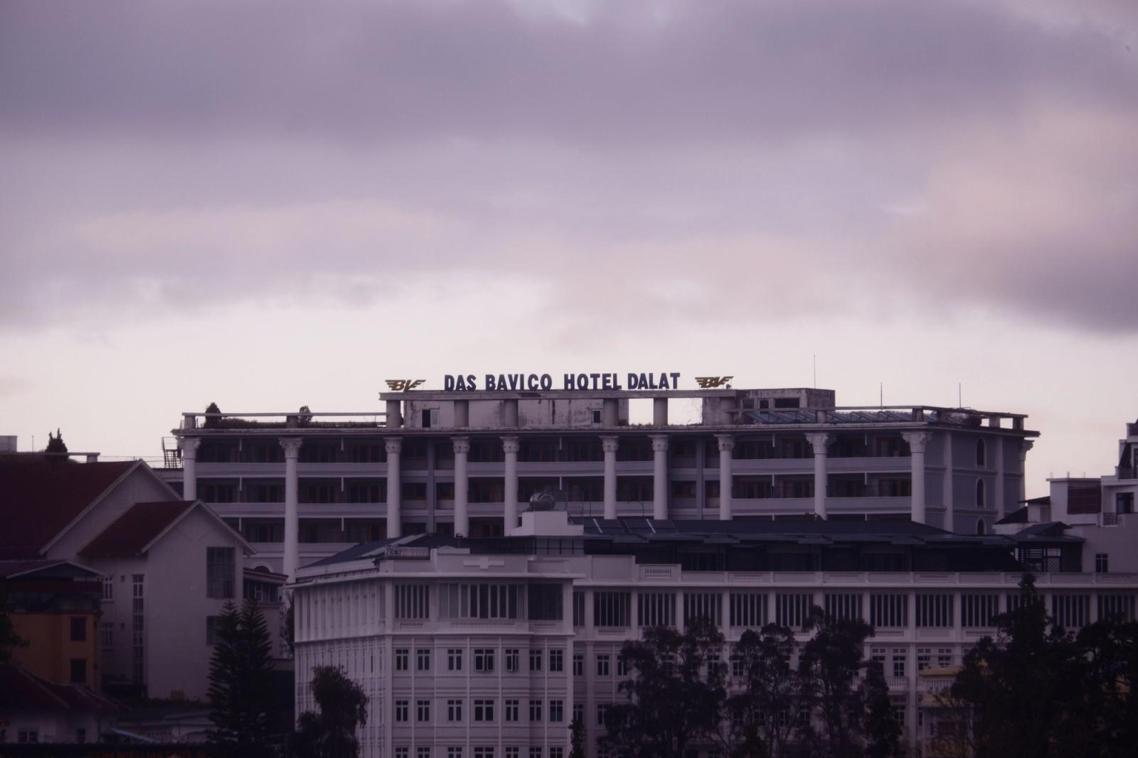 Dramatic view of Das Bavico Hotel in Dalat, Vietnam during twilight