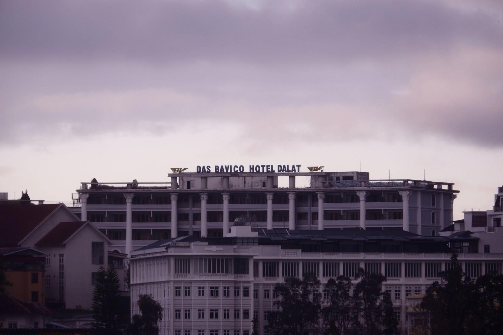 Dramatic view of Das Bavico Hotel in Dalat, Vietnam during twilight