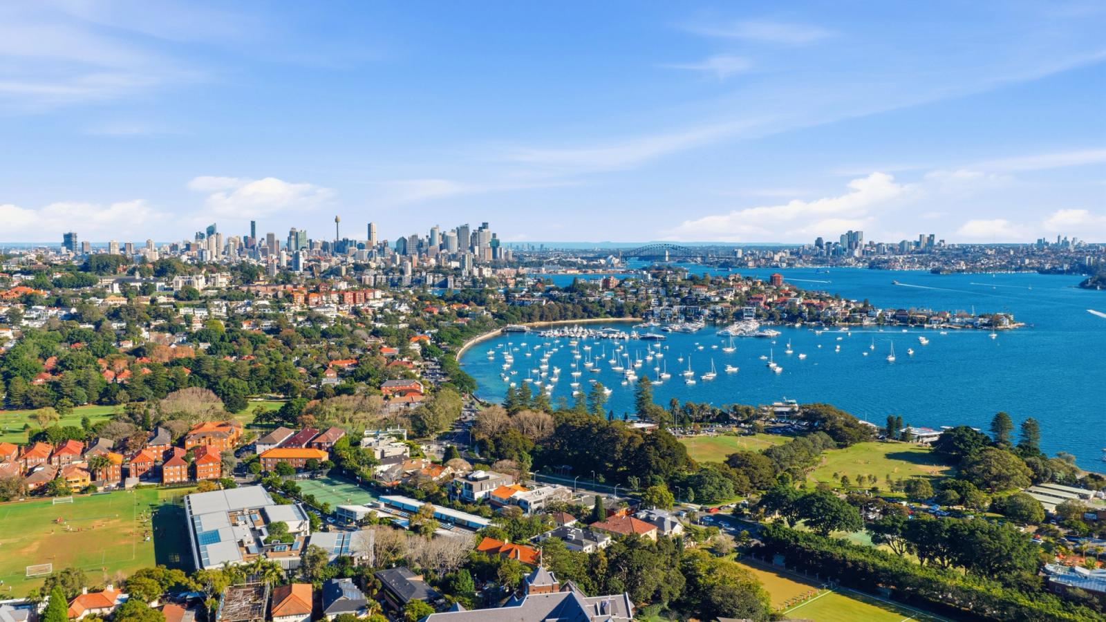 Scenic aerial view of Sydney Harbor with city skyline and vibrant landscape