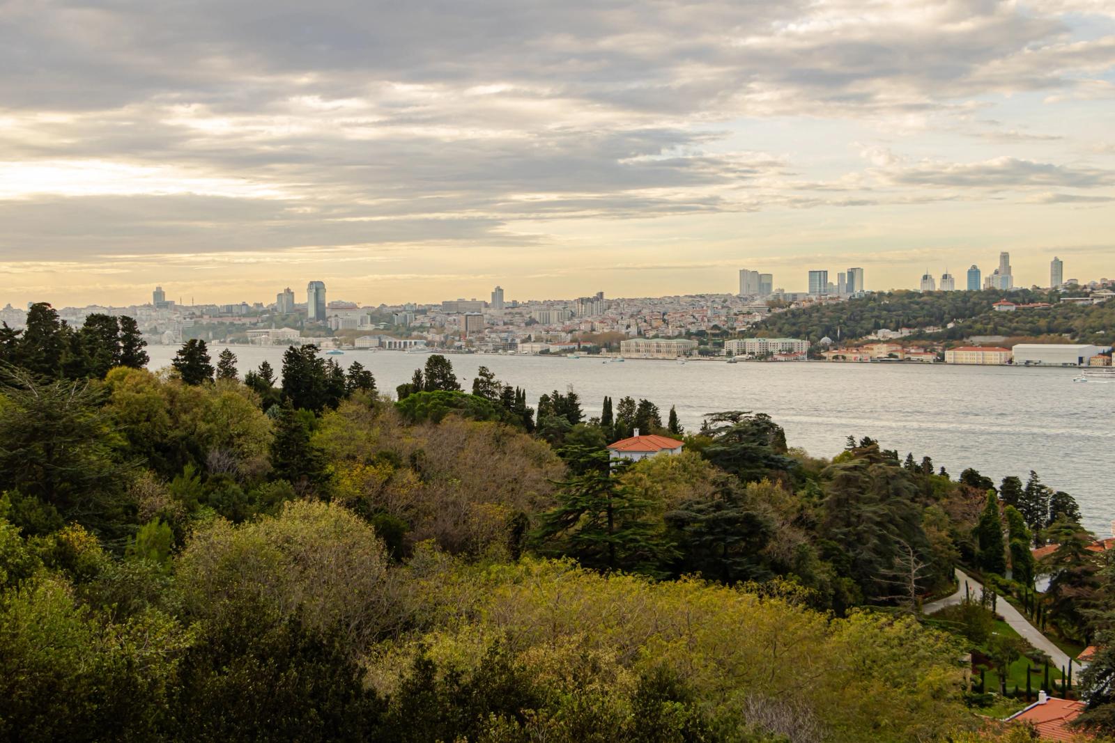 Aerial view of Istanbul's skyline along the Bosphorus Strait at sunset, showcasing lush greenery and urban architecture