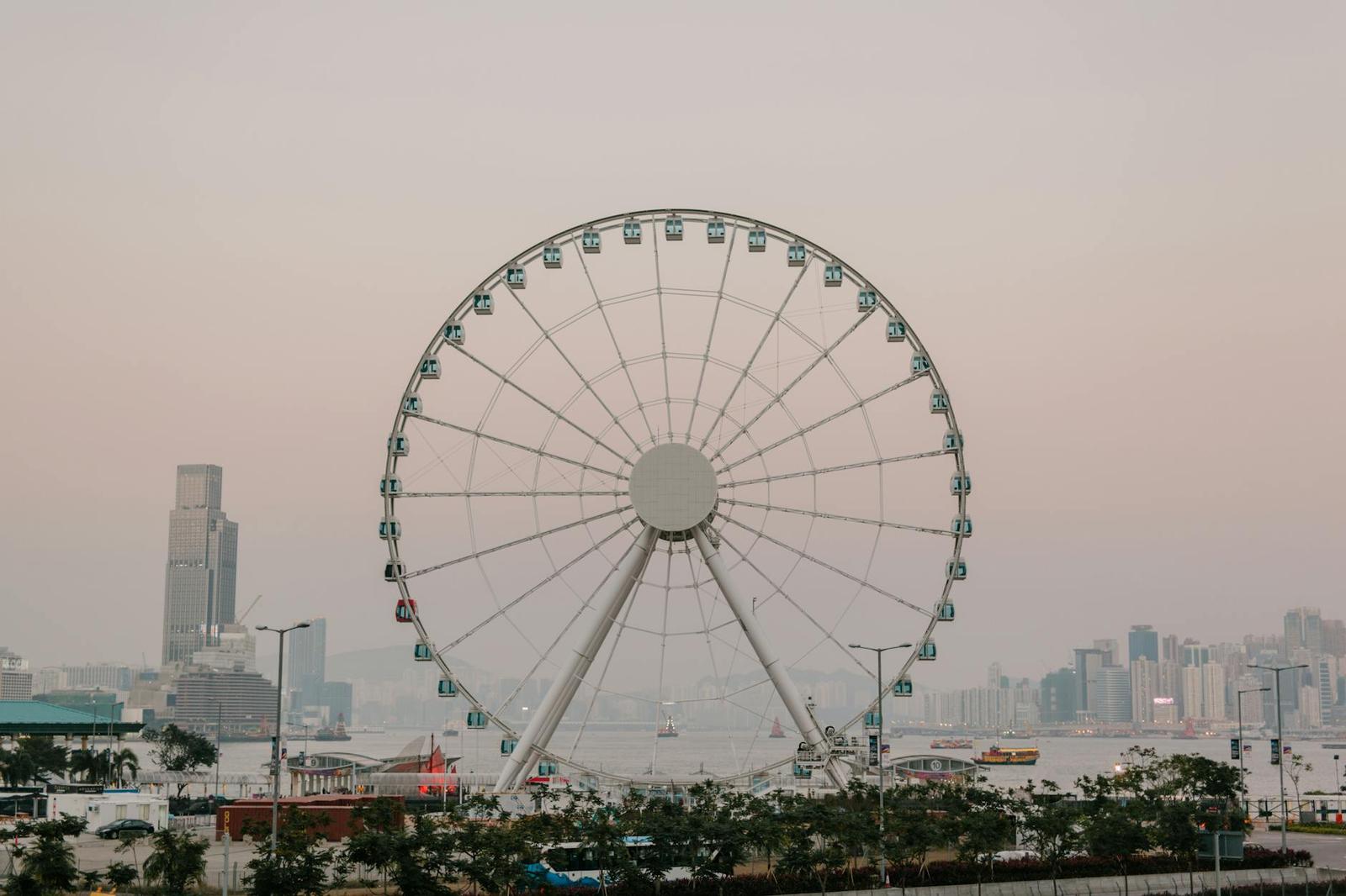 View of the Hong Kong Observation Wheel against the city skyline during twilight